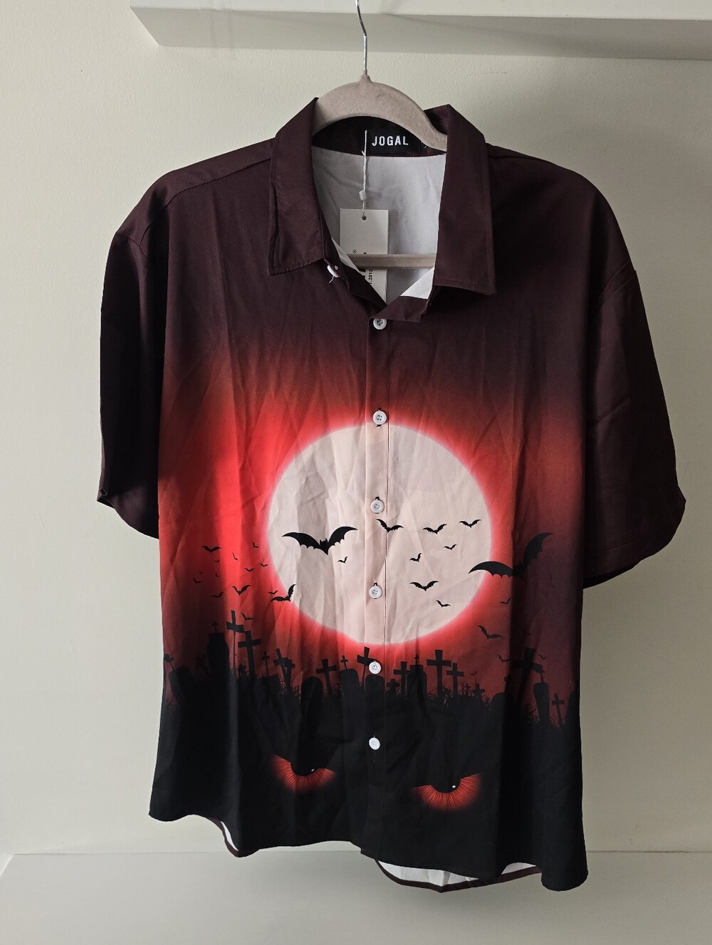 Jogal Halloween Button Up Shirt Graveyard Moon Bats Size L